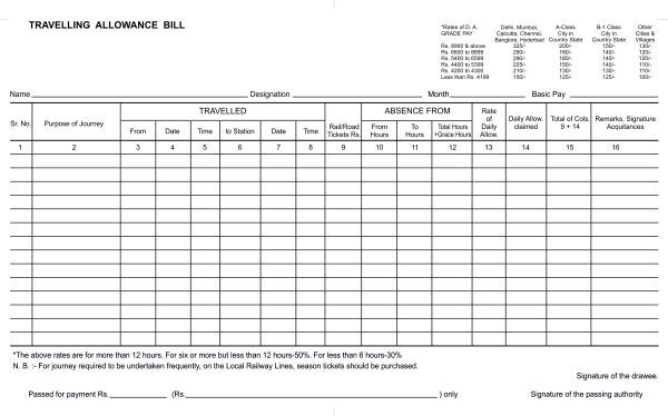 Uniprint Legal Page Travelling Allowance Bill